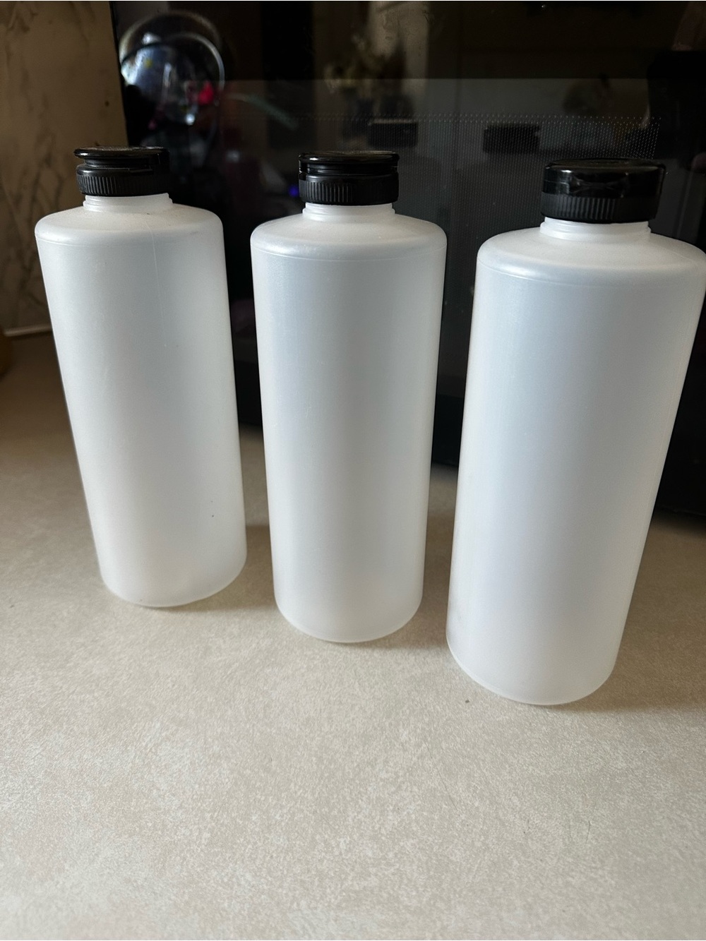 Set of 3 Clear Plastic Bottles with Black Caps for crafts exc.